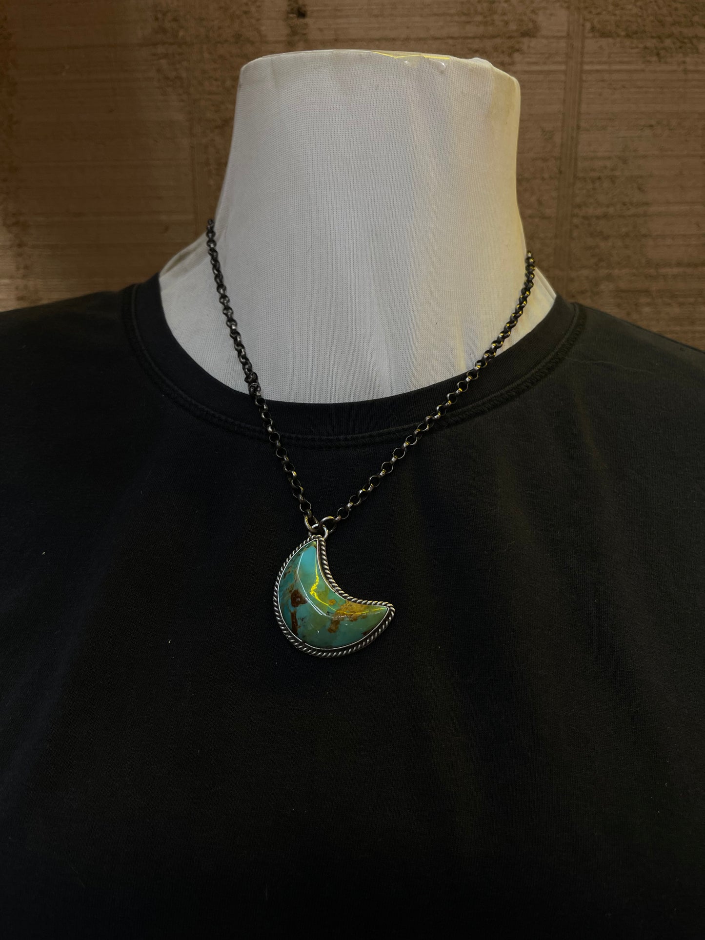 20" Kingman Turquoise Moon Necklace By Leroy James, Navajo