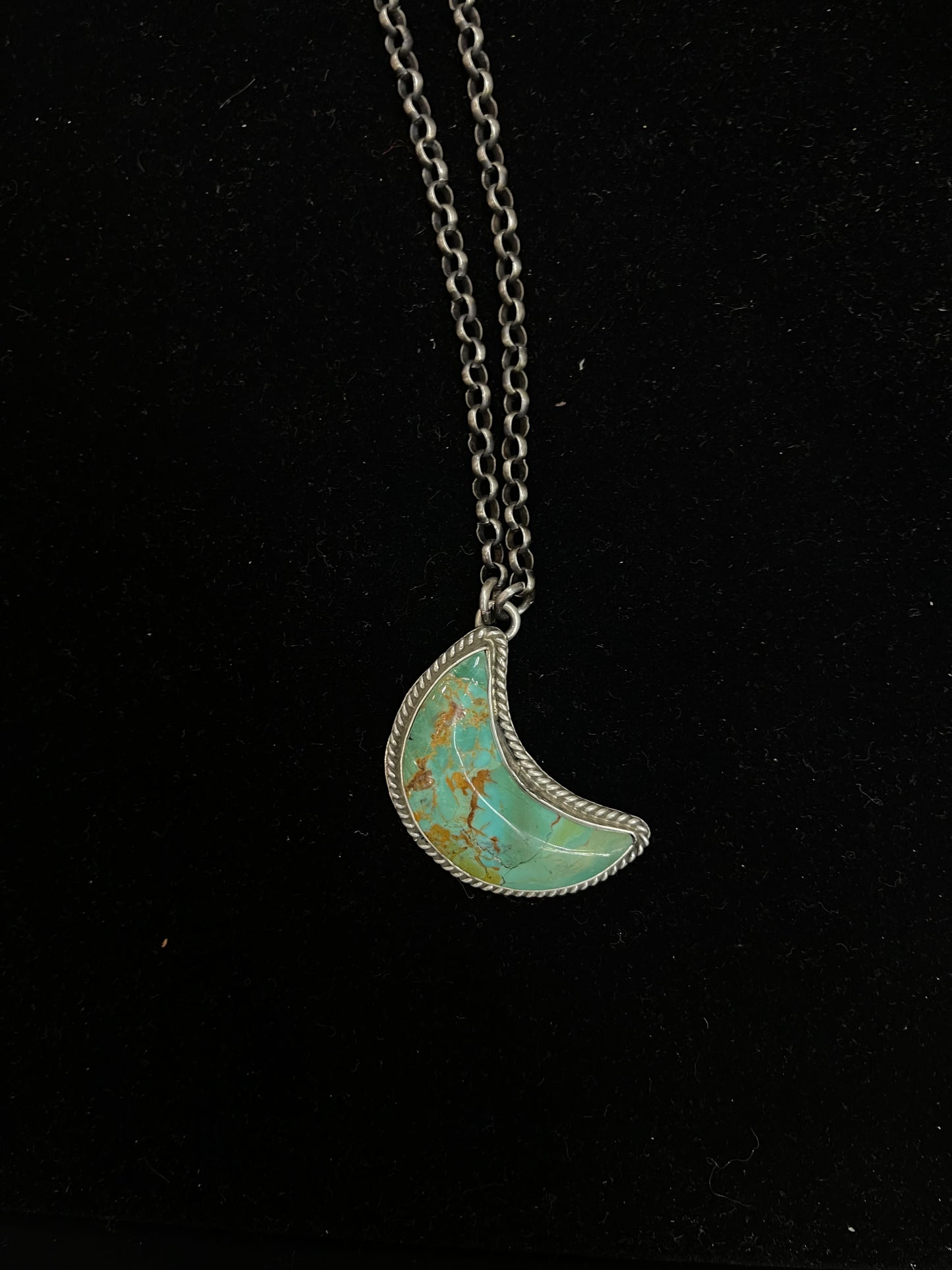20" Kingman Turquoise Moon Necklace By Leroy James, Navajo