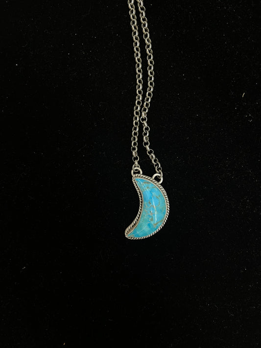 20" Kingman Turquoise Moon Necklace By Leroy James, Navajo