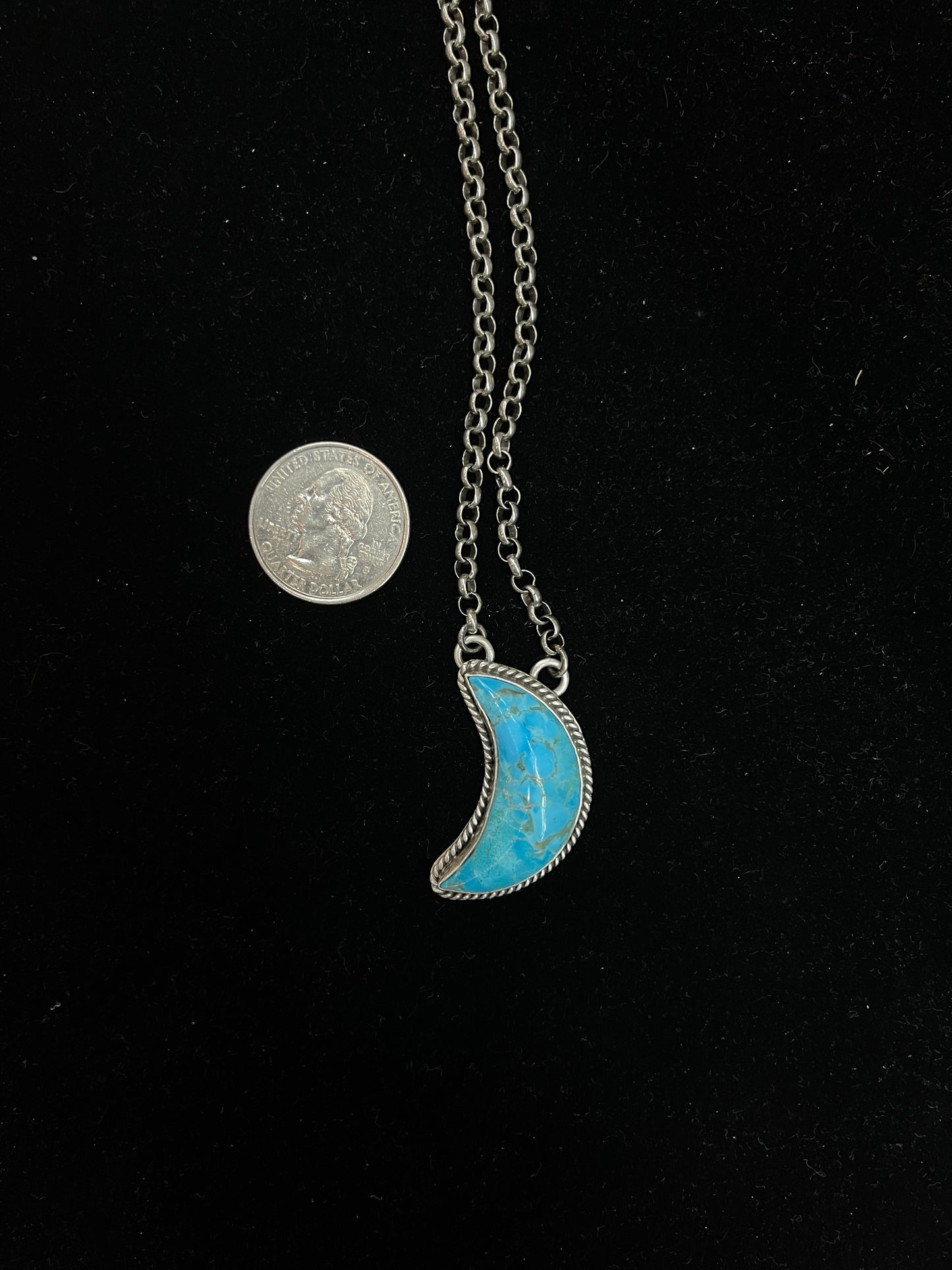 20" Kingman Turquoise Moon Necklace By Leroy James, Navajo
