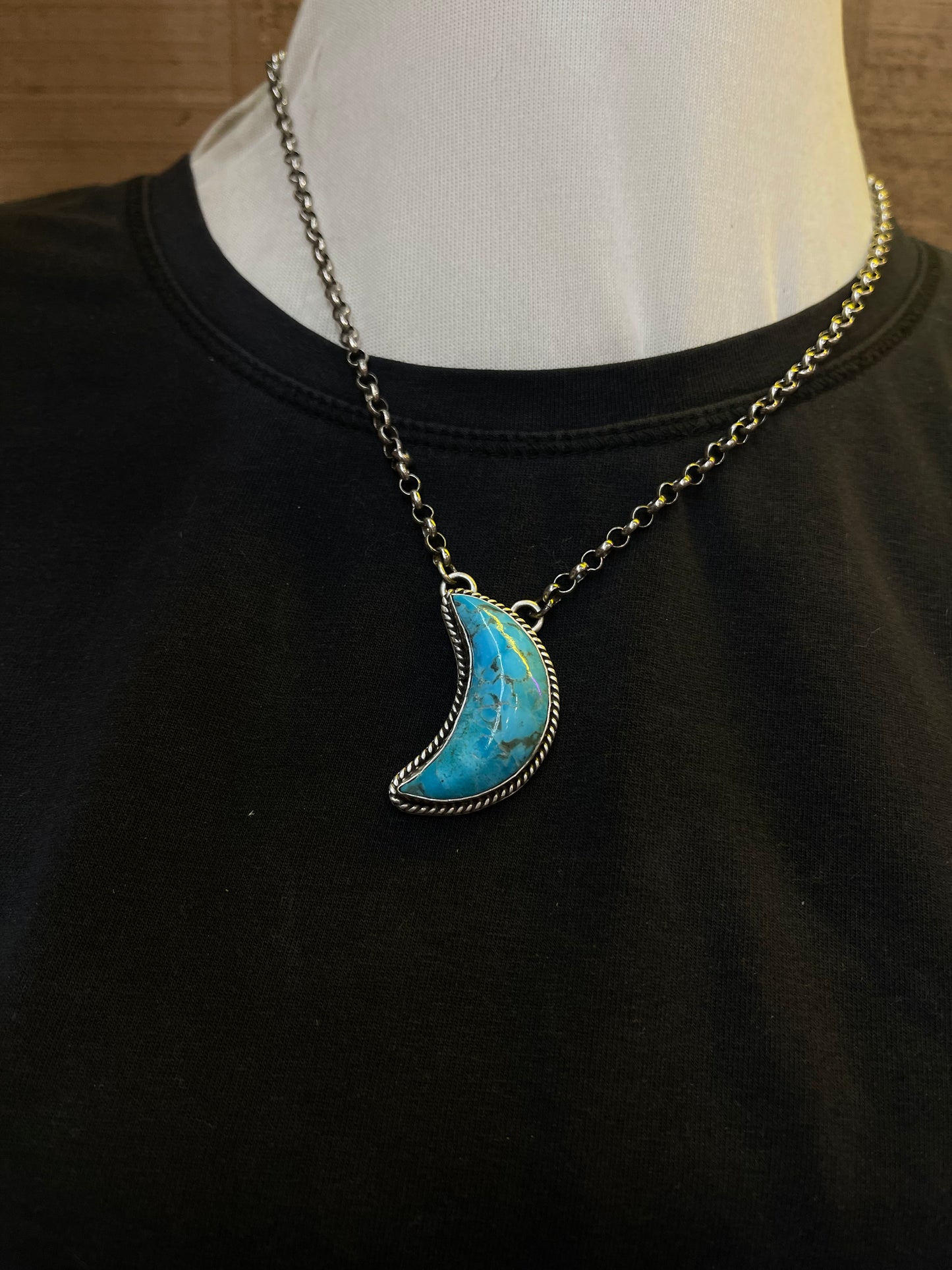 20" Kingman Turquoise Moon Necklace By Leroy James, Navajo