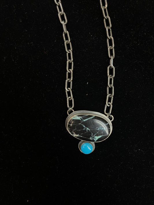 18" Black Buffalo and Turquoise Necklace By Gilbert Platero, Navajo