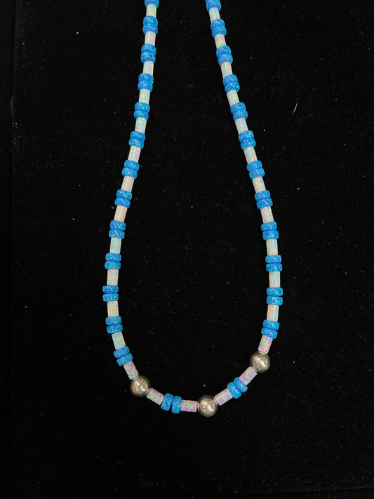 19" 4mm White, 4mm Pink, and 6mm Blue Opal Necklace with 7mm Sterling Silver Beads