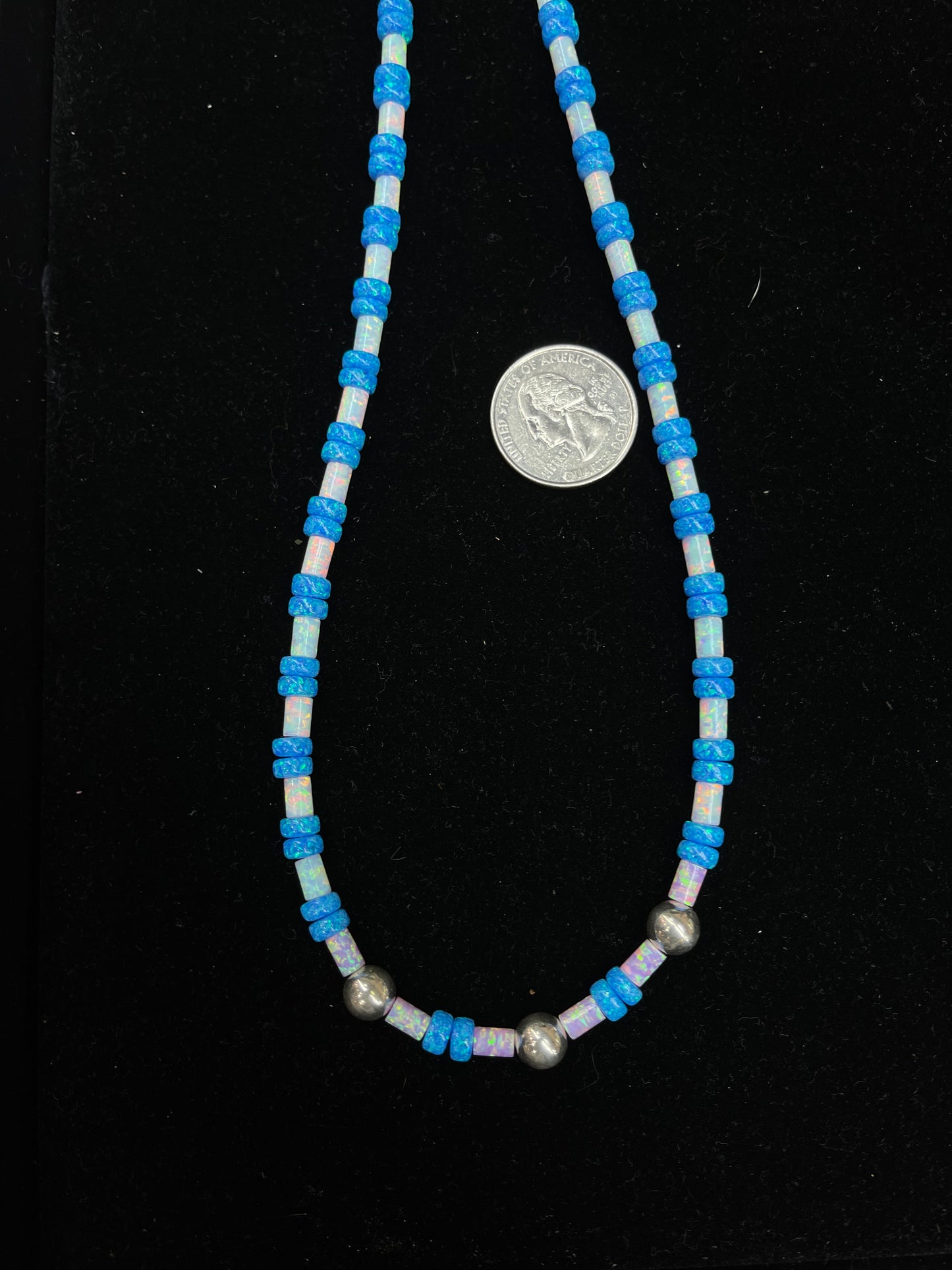 19" 4mm White, 4mm Pink, and 6mm Blue Opal Necklace with 7mm Sterling Silver Beads