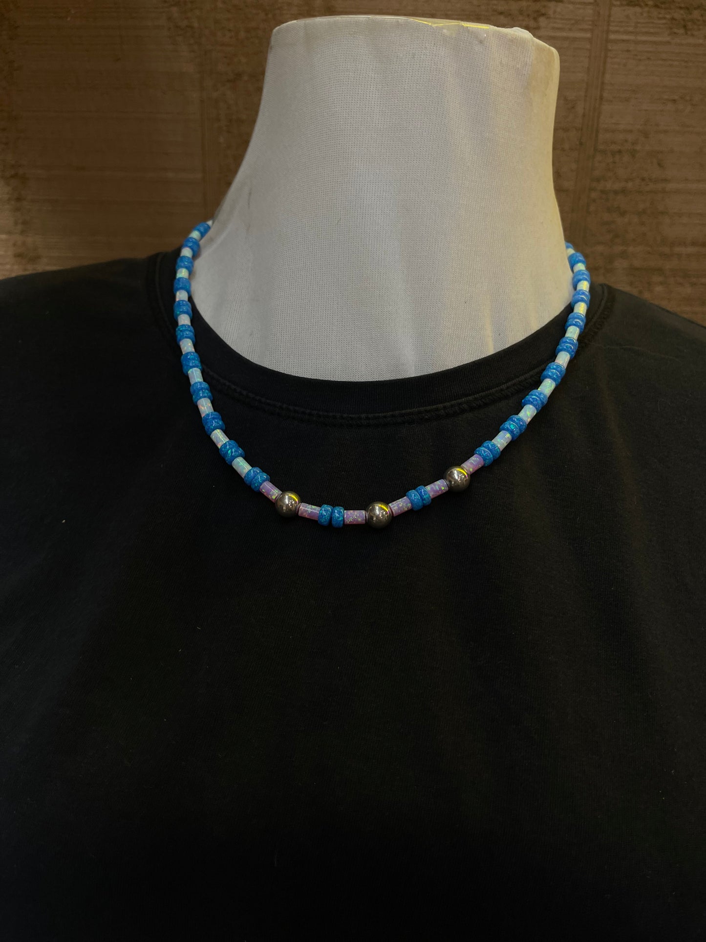 19" 4mm White, 4mm Pink, and 6mm Blue Opal Necklace with 7mm Sterling Silver Beads
