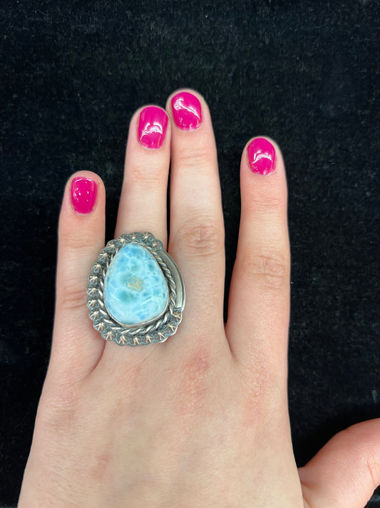 8.0 Larimar and Sterling Silver Teardrop Ring by Ned Nez, Navajo made
