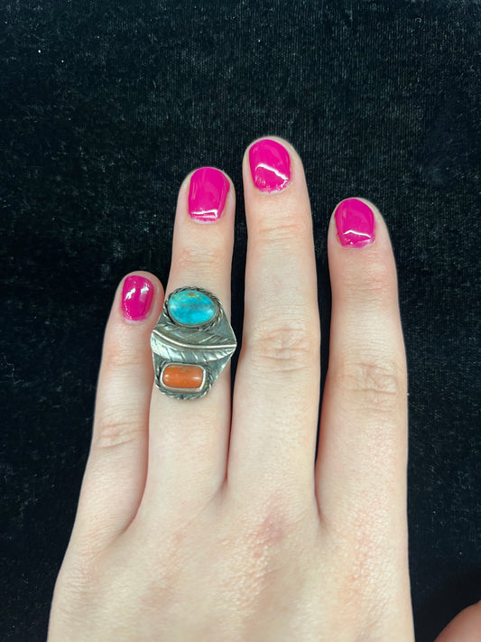 Size 5.5 Vintage Coral & Turquoise Ring