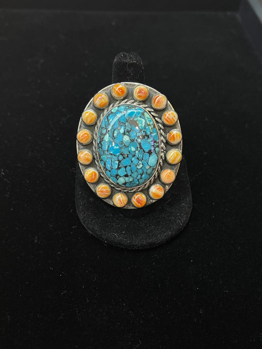 9.5 Ring with Kingman Mosaic Turquoise Surrounded by Spiney Oyster by Gilbert Platero, Navajo