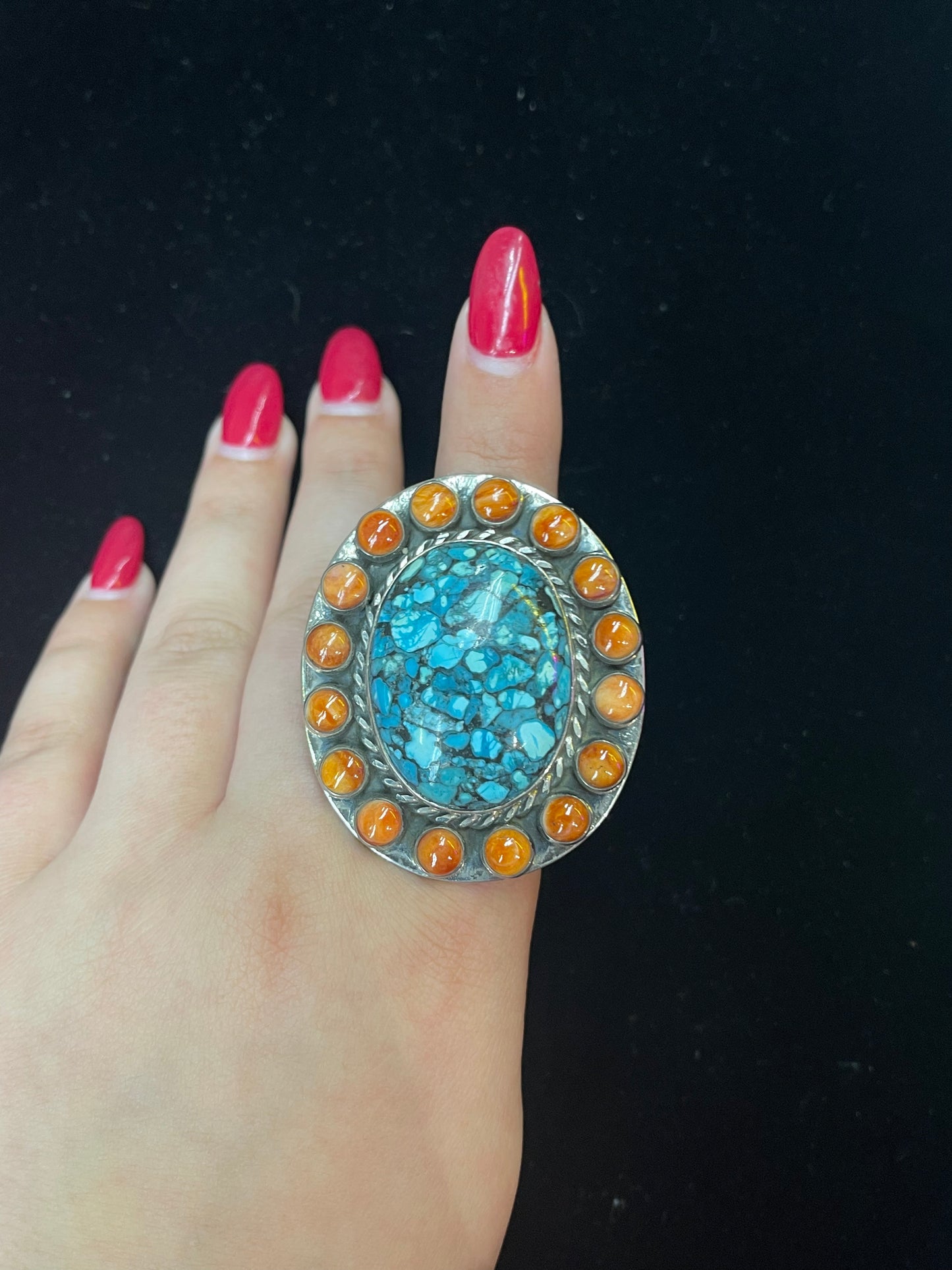 10.5 Ring with Kingman Mosaic Turquoise Surrounded by Spiney Oyster by Gilbert Platero, Navajo