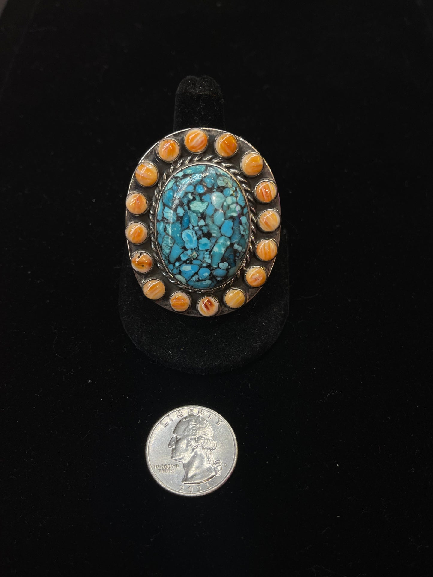10.5 Ring with Kingman Mosaic Turquoise Surrounded by Spiney Oyster by Gilbert Platero, Navajo