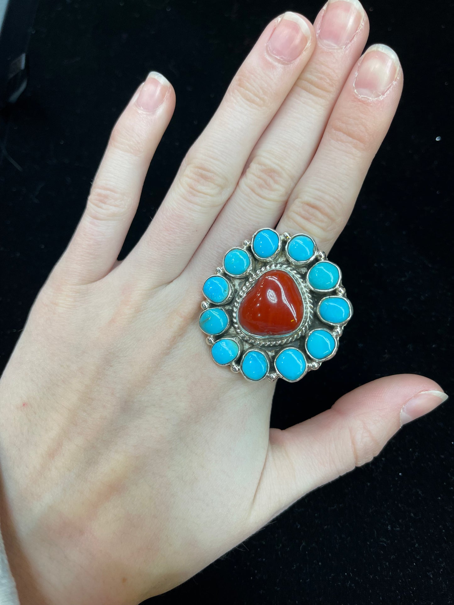 Adjustable Red Coral and Sleeping Beauty Turquoise Ring by C. James, Navajo