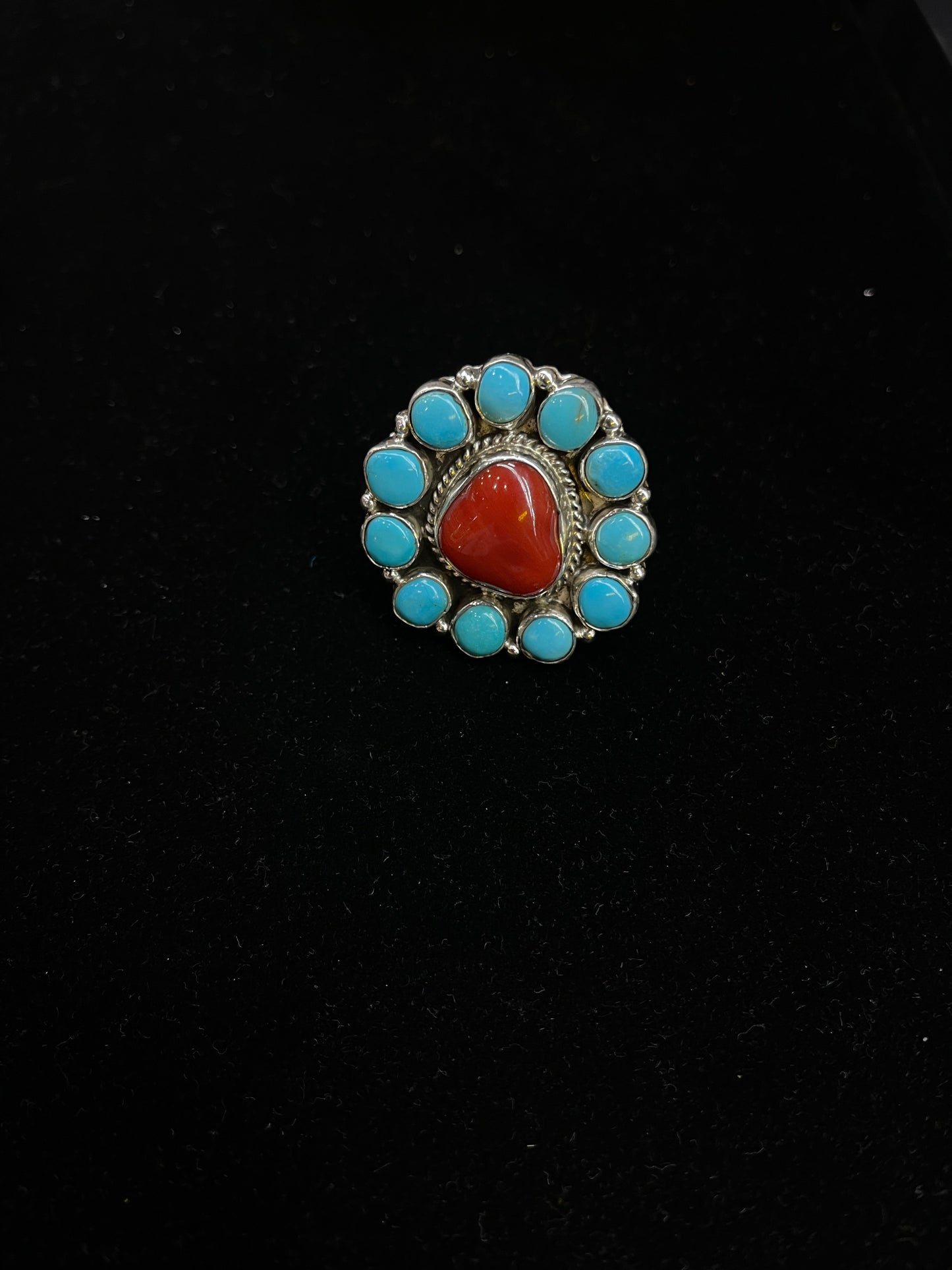 Adjustable Red Coral and Sleeping Beauty Turquoise Ring by C. James, Navajo
