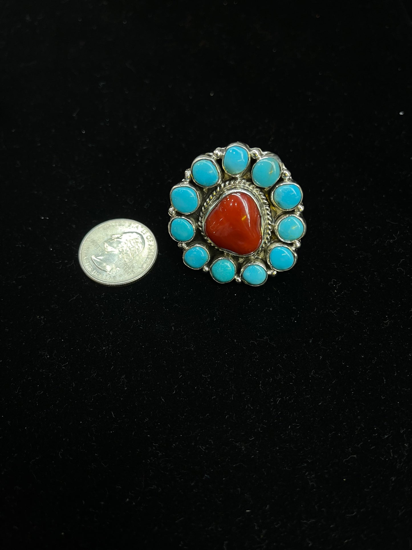 Adjustable Red Coral and Sleeping Beauty Turquoise Ring by C. James, Navajo