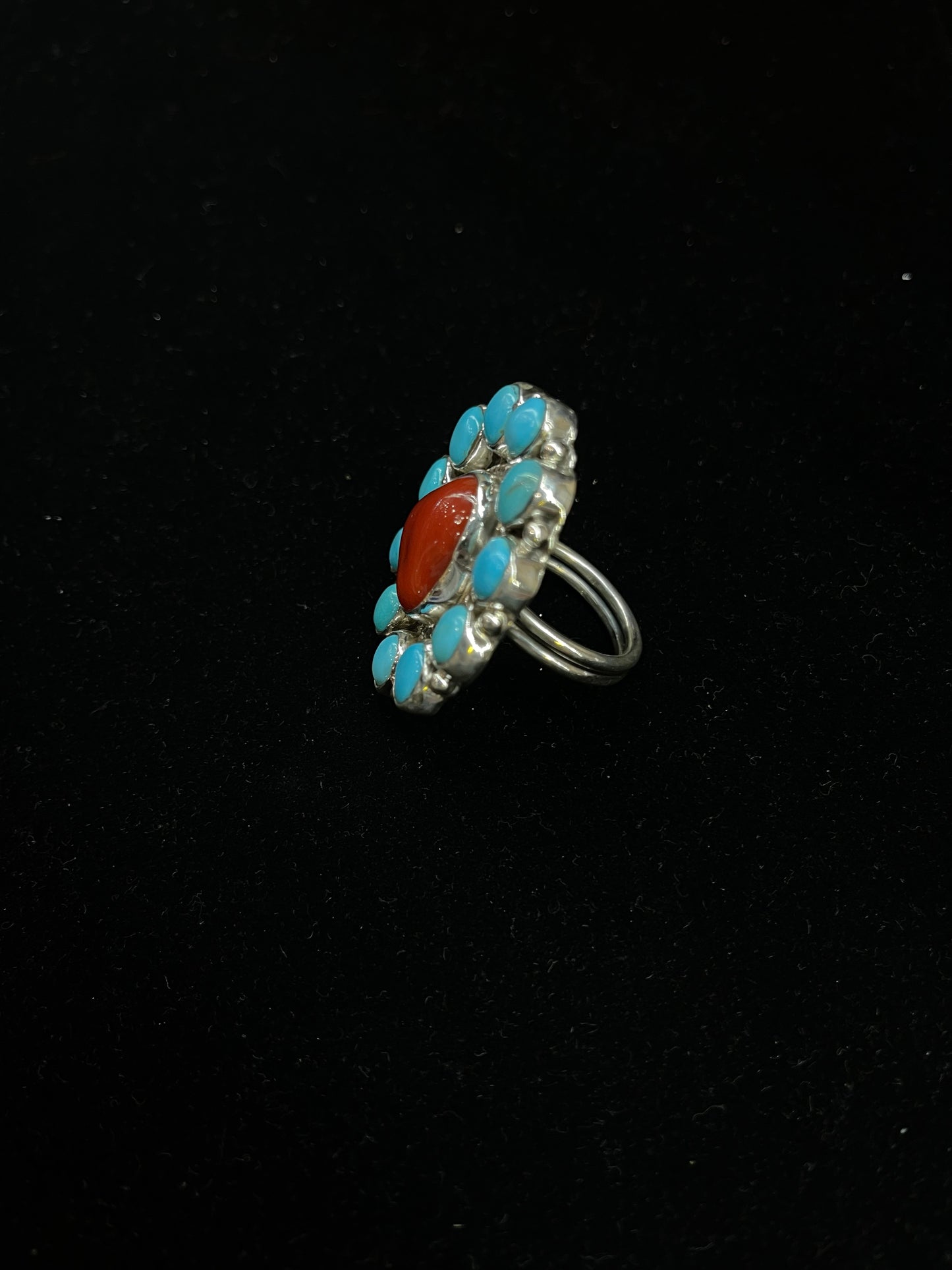 Adjustable Red Coral and Sleeping Beauty Turquoise Ring by C. James, Navajo