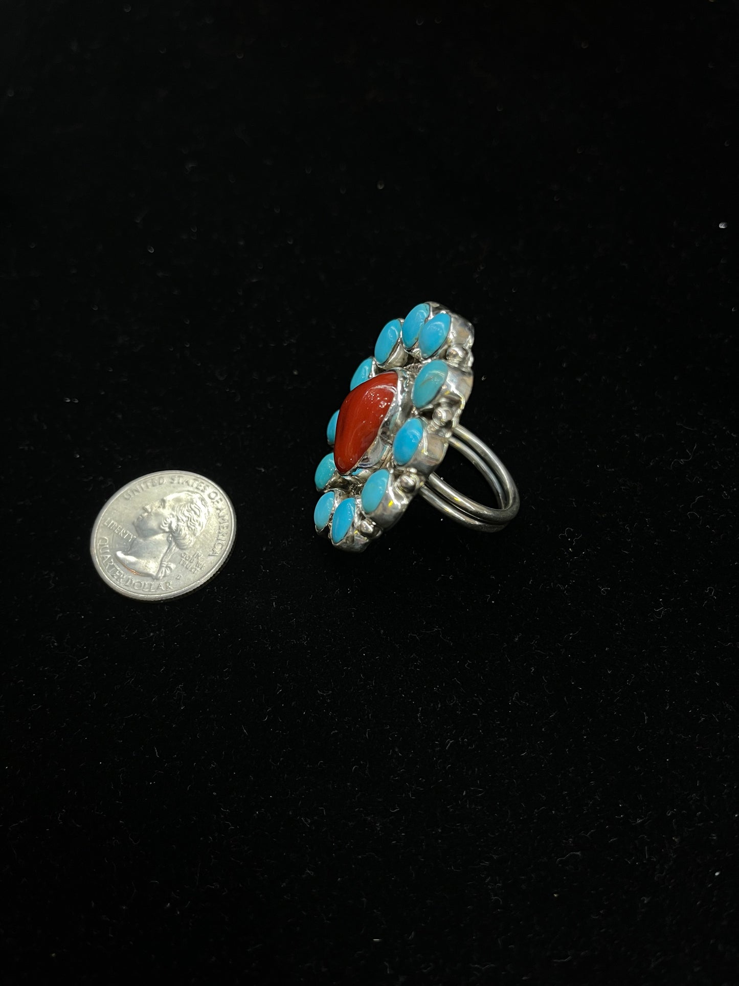 Adjustable Red Coral and Sleeping Beauty Turquoise Ring by C. James, Navajo