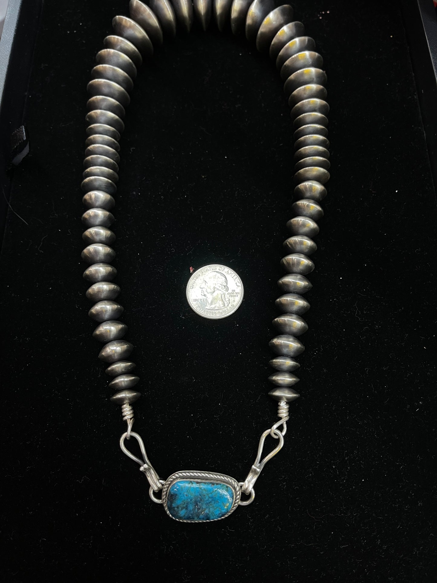 18" 23mm-11mm Navajo Saucer Pearls Necklace with Morenci Turquoise Stone by Tustin Daye, Navajo