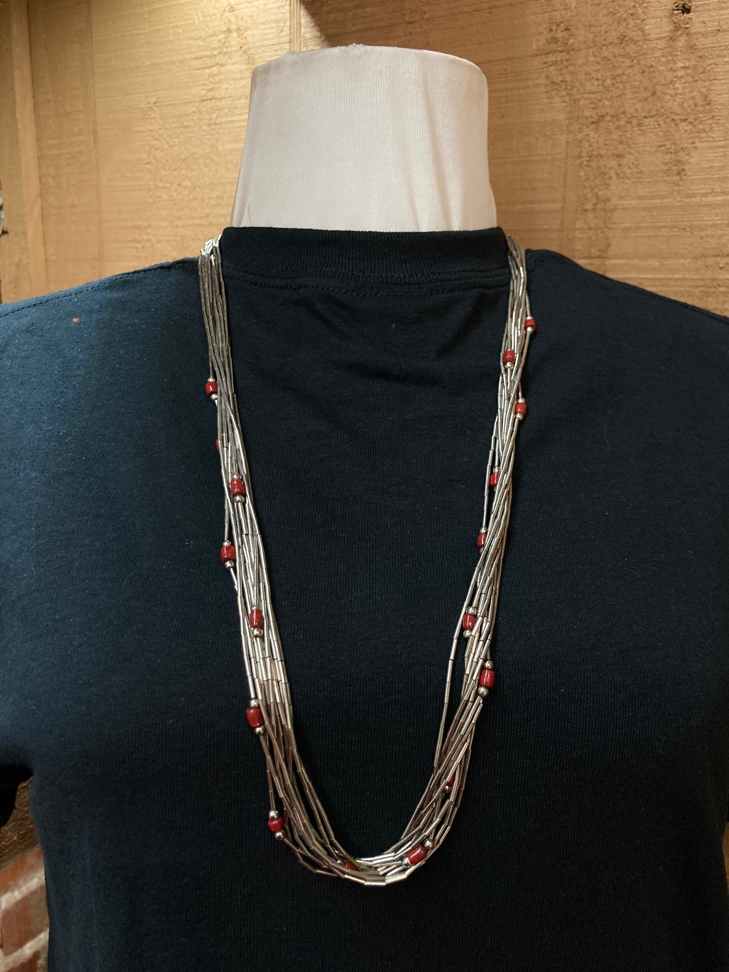 Vintage 30" 10 Strand Red Coral and Liquid Silver Necklace