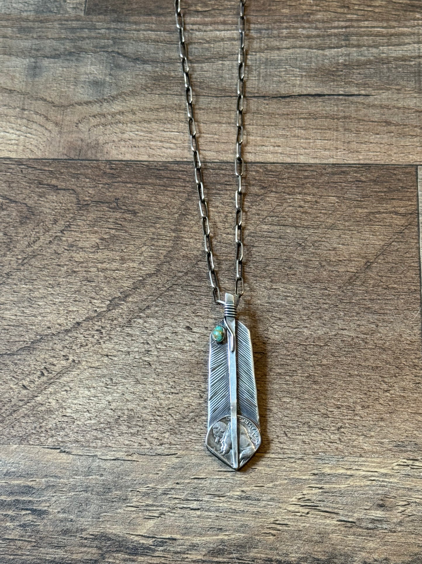 Feather Pendant with Buffalo Nickel and Turquoise by Bad Bronc