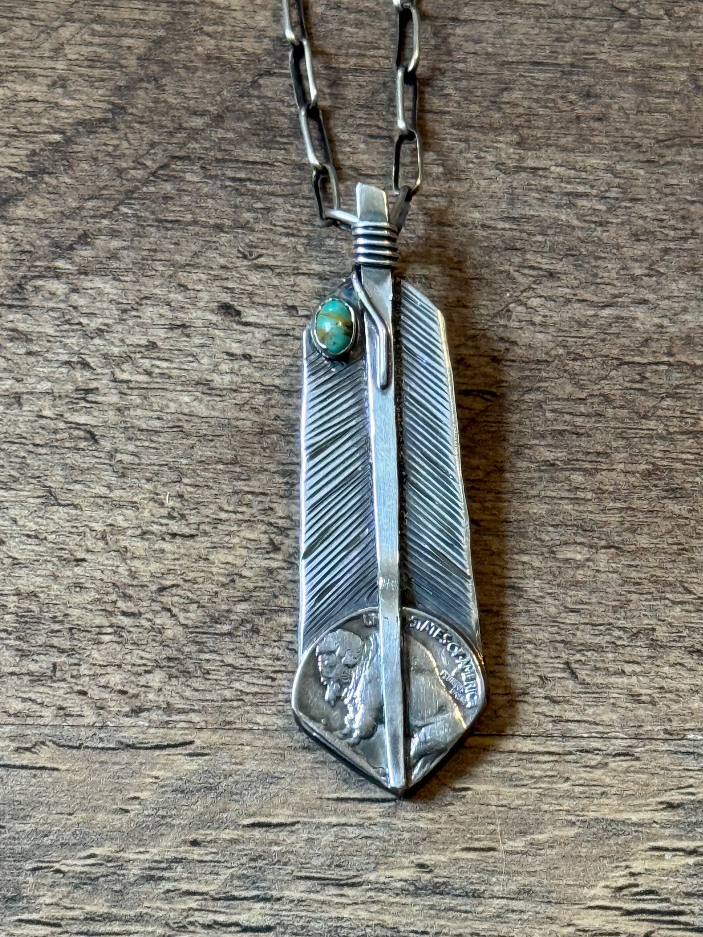 Feather Pendant with Buffalo Nickel and Turquoise by Bad Bronc