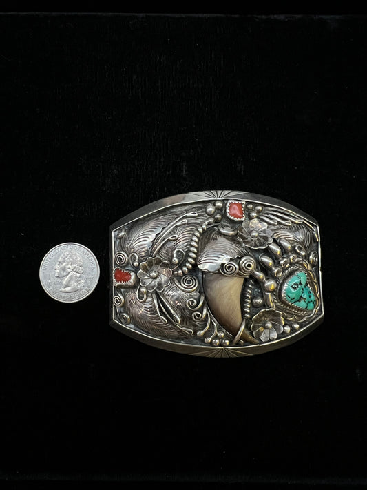 3.25" x 2.5" Vintage Turquoise and Coral Belt Buckle by F-James Prewitt, New Mexico