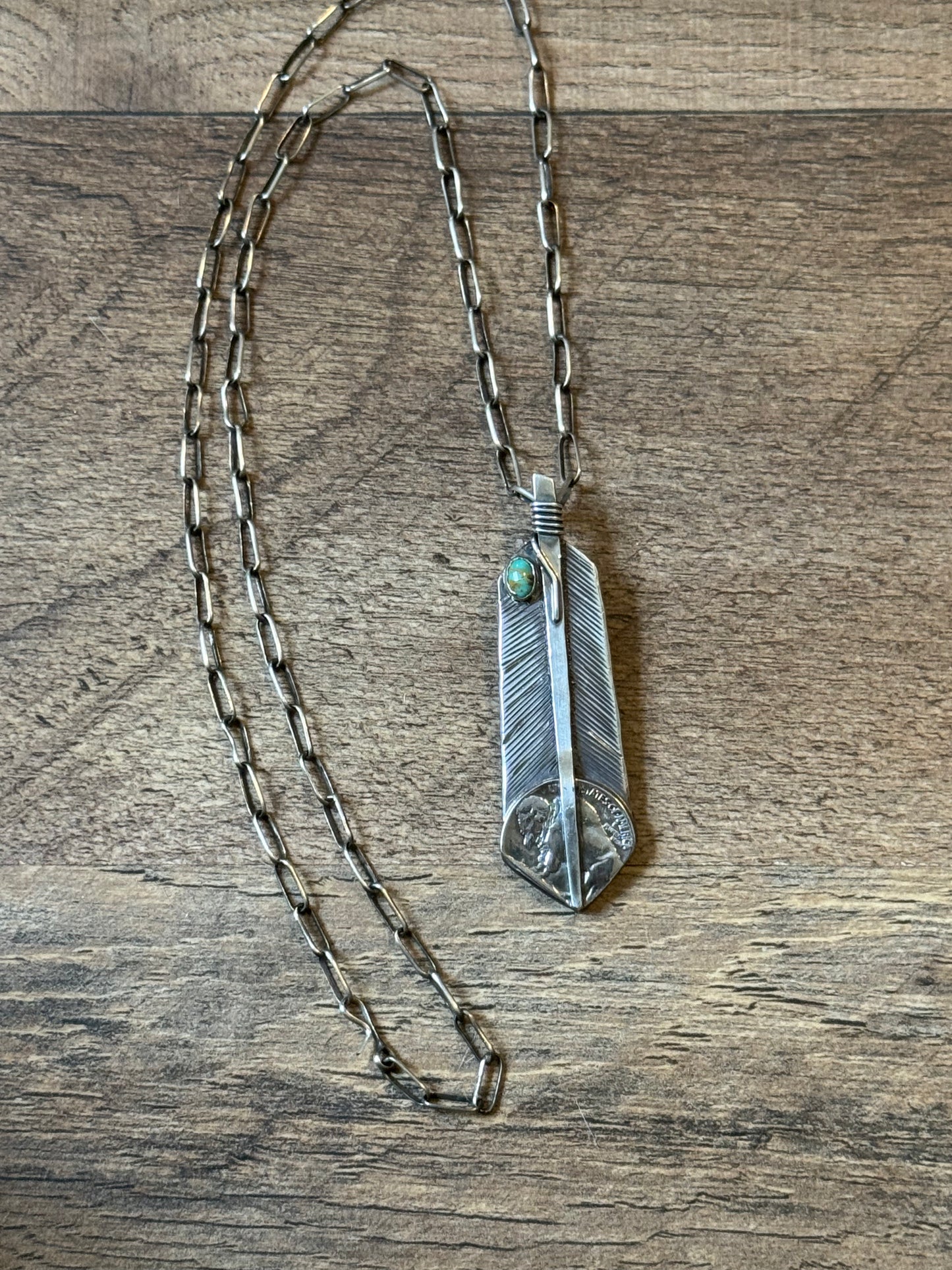 Feather Pendant with Buffalo Nickel and Turquoise by Bad Bronc