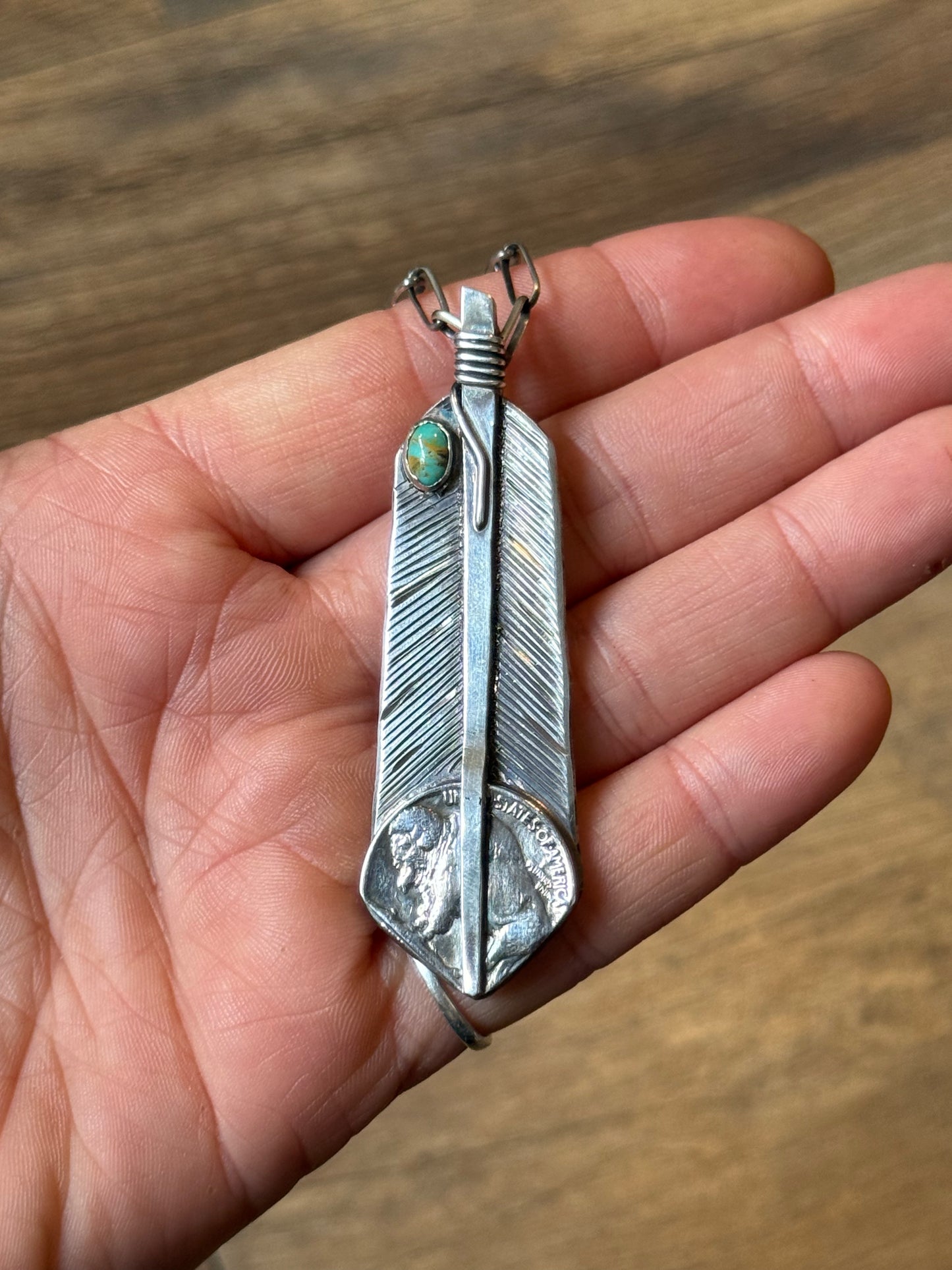 Feather Pendant with Buffalo Nickel and Turquoise by Bad Bronc