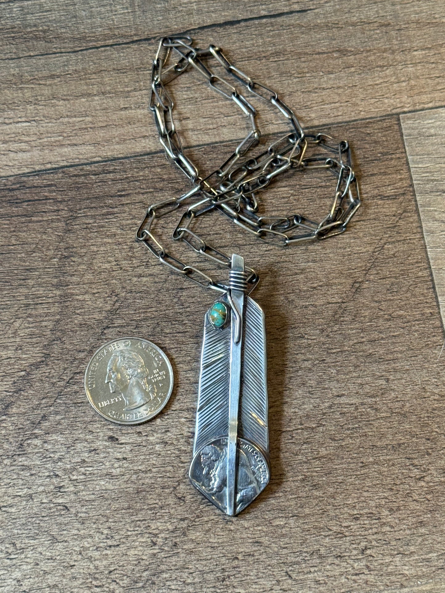 Feather Pendant with Buffalo Nickel and Turquoise by Bad Bronc