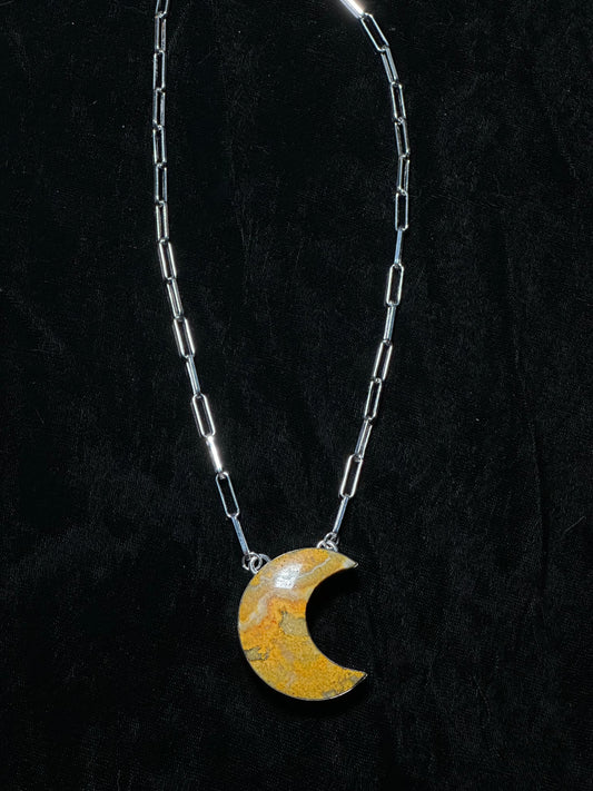 Bumblebee Jasper Moon Necklace on 18” Paper Clip Chain