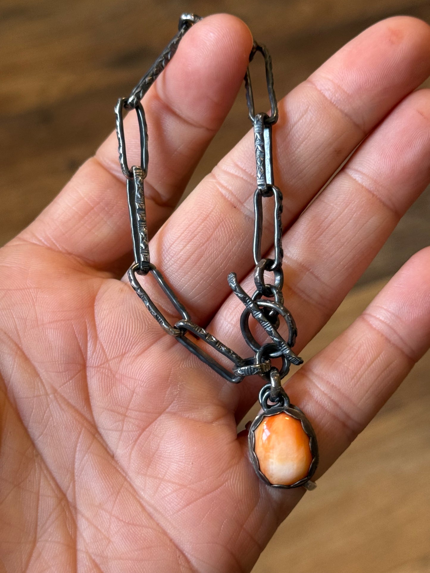 Bad Bronc 5.75" Paperclip Link Chain Bracelet with Orange Spiny Oyster
