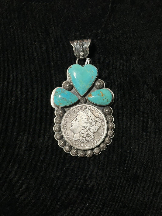 11mm Bale Kingman Turquoise 1886 Silver Dollar Pendant by Calvin Delgarito, Navajo
