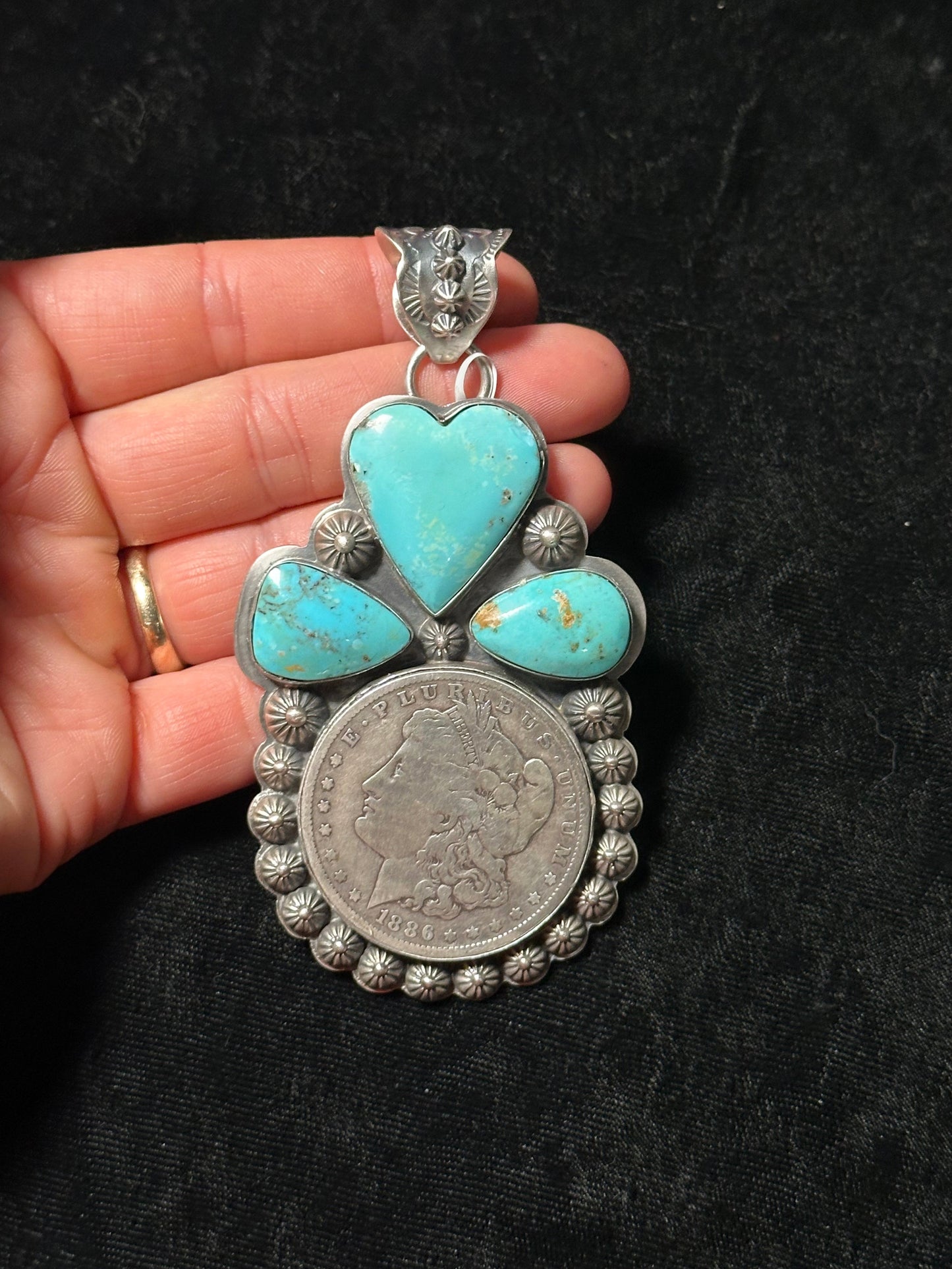 11mm Bale Kingman Turquoise 1886 Silver Dollar Pendant by Calvin Delgarito, Navajo