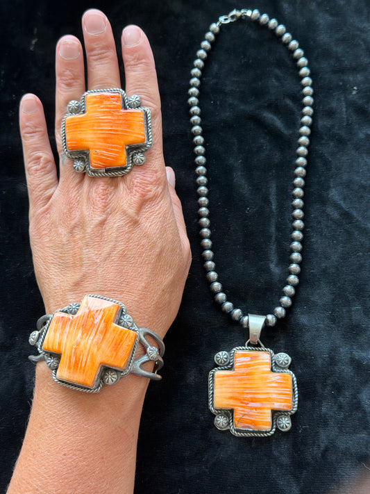 Orange Spiny Oyster Cross 4 piece set by Boyd J. Ashley, Navajo