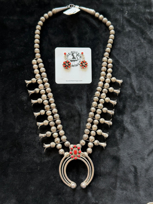 20" Red Coral Cluster Squash Blossom Necklace by Nate Curly & Earrings by Polly Piaso, Navajo (set)