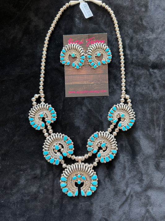 Squash Blossom Style Necklace with Sleeping Beauty Turquoise by Nora Tsosie, Navajo
