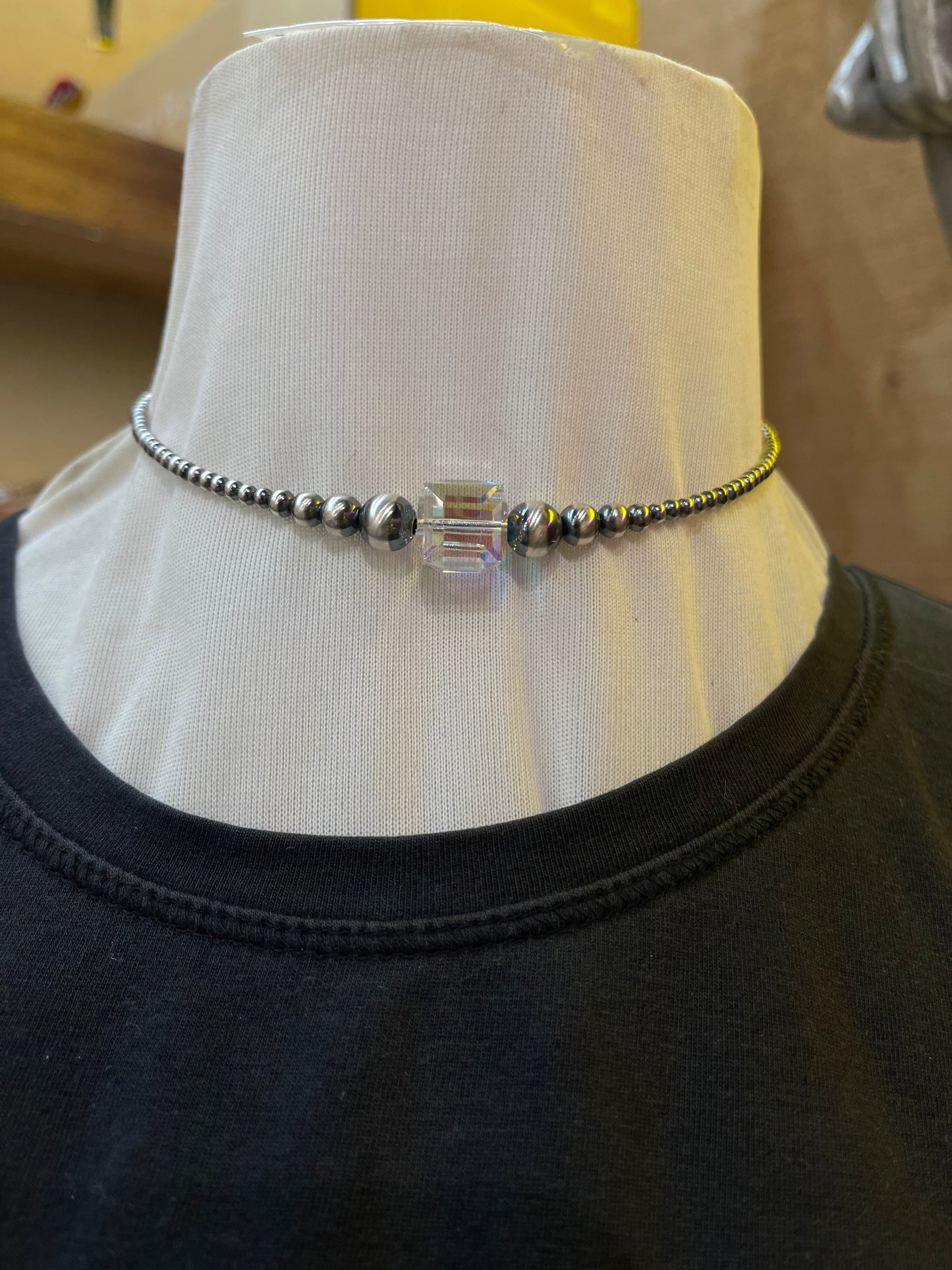 3mm-8mm Navajo Pearls and Swarovski Crystal Memory Wire Choker Necklace