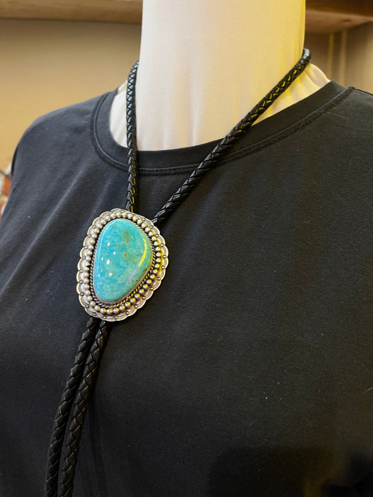 Kingman Turquoise Bolo Tie by Gilbert Platero, Navajo