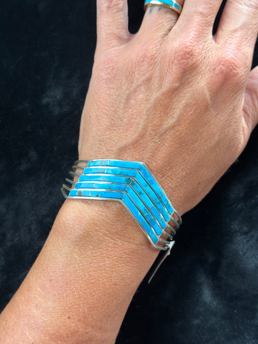 6.25" 5 Row Inlaid Turquoise Chevron Cuff by Jamie Johnson, Navajo