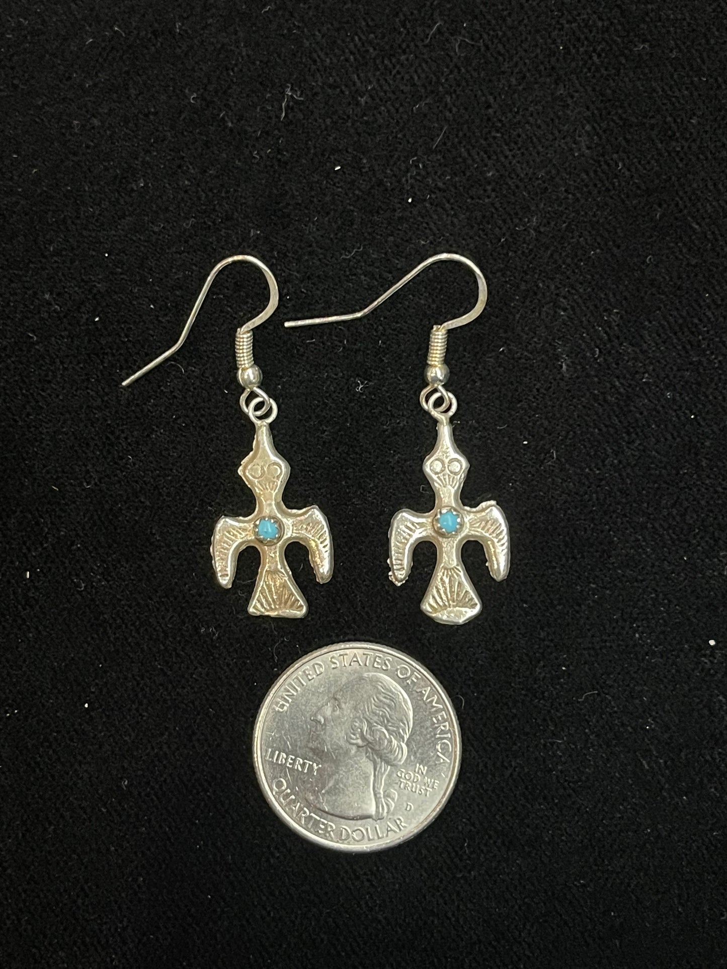 Bird Dangle Earrings with Turquoise Stone in Center