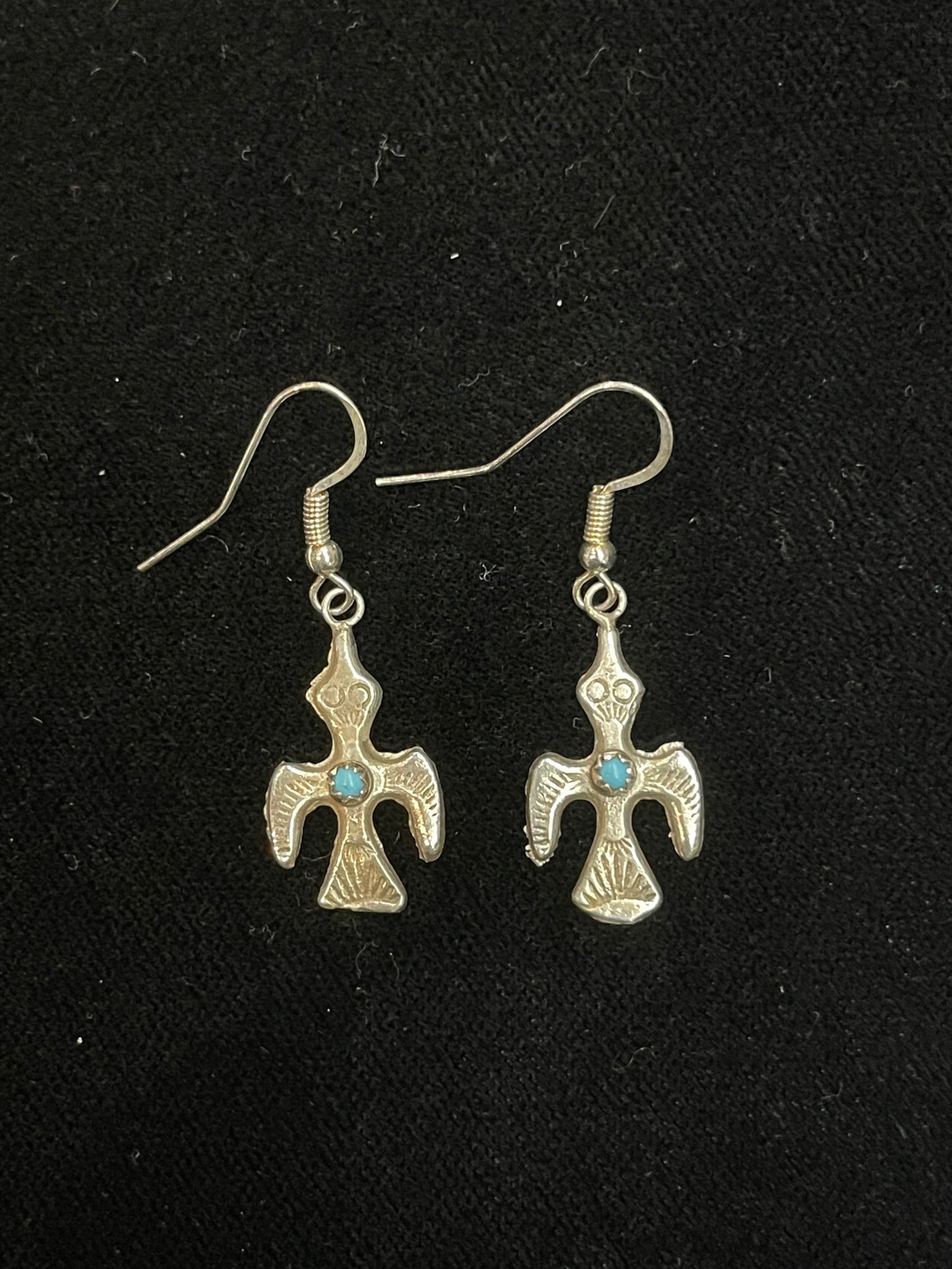 Bird Dangle Earrings with Turquoise Stone in Center