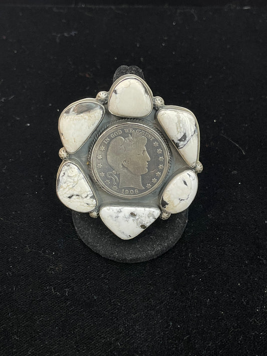 Adjustable White Buffalo Ring with 1906 Quarter by Steven Nez