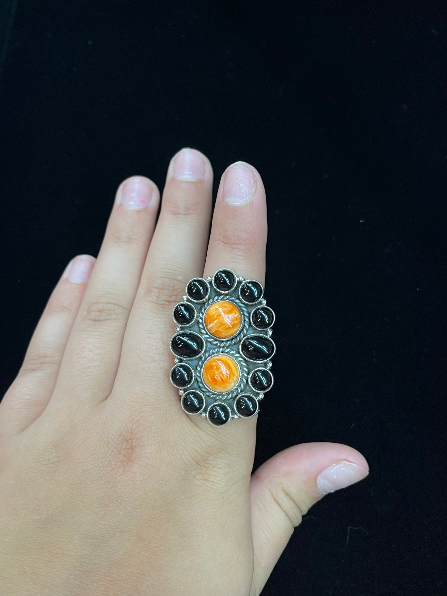 Adjustable Spiny Oyster and Black Onyx Ring