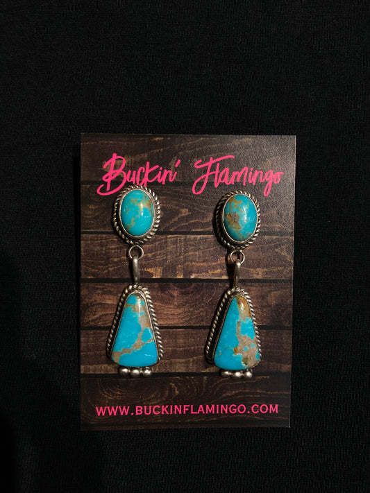 Boulder Ribbon turquoise 2 Stone Post Dangle Earrings by Jason Livingston, Navajo