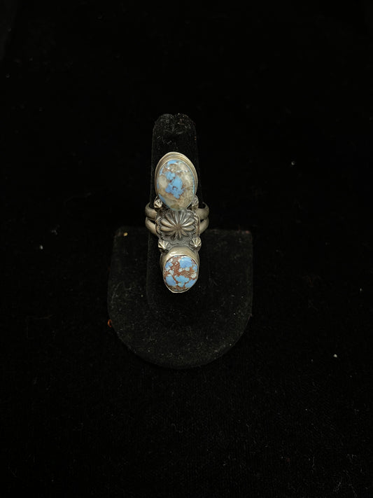7.0 Golden Hills Turquoise 2 Stone Ring by Calvin Delgarito, Navajo