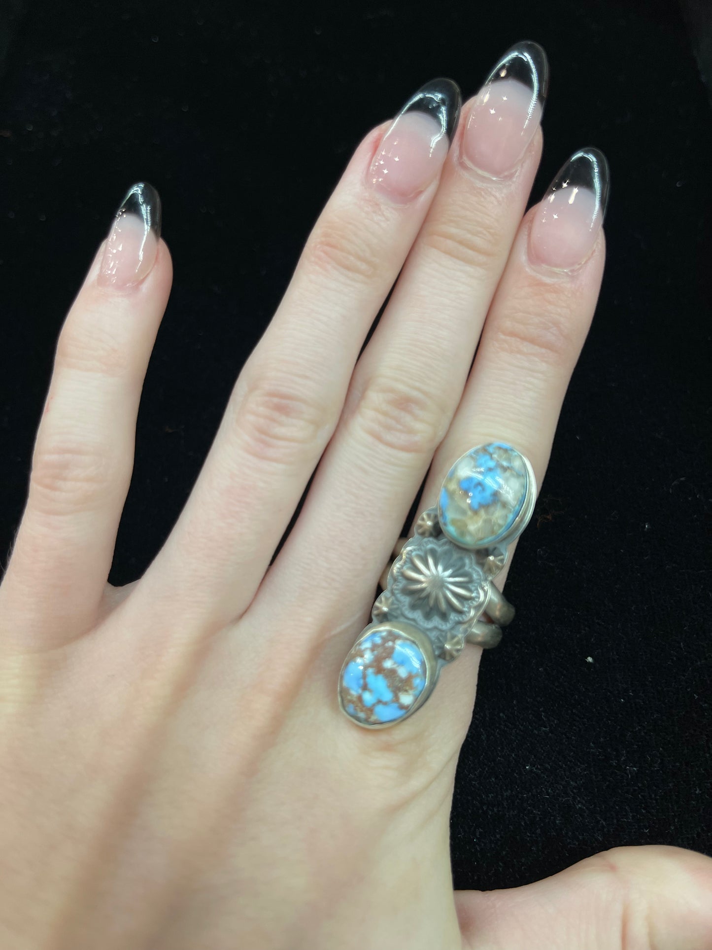 6.5 Golden Hills Turquoise 2 Stone Ring by Calvin Delgarito, Navajo431477