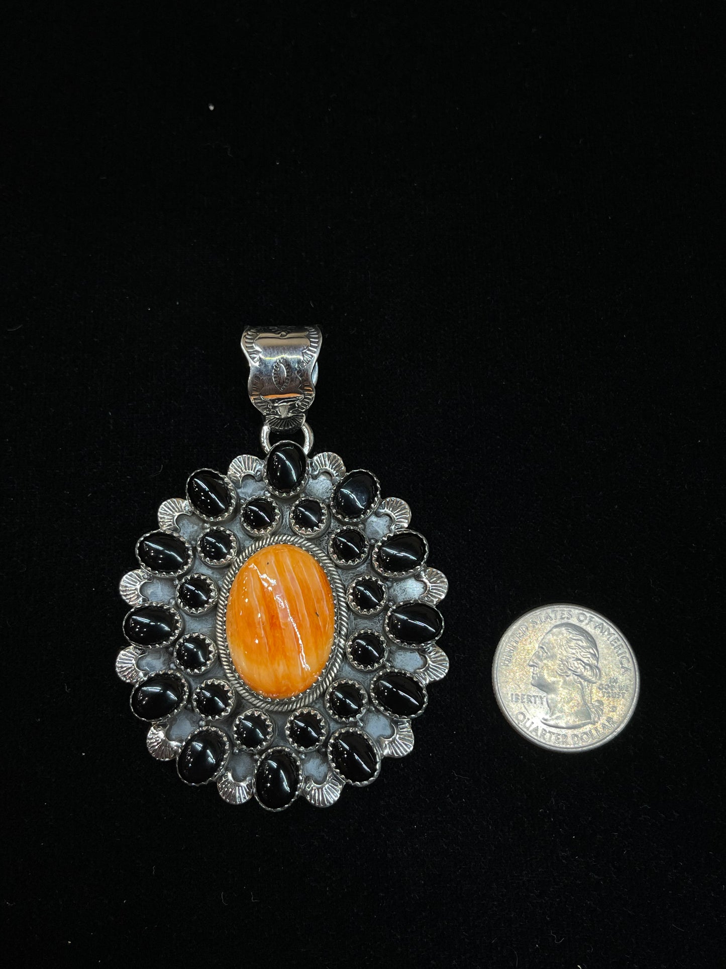 Black Onyx and Spiny Oyster Pendant by Zia