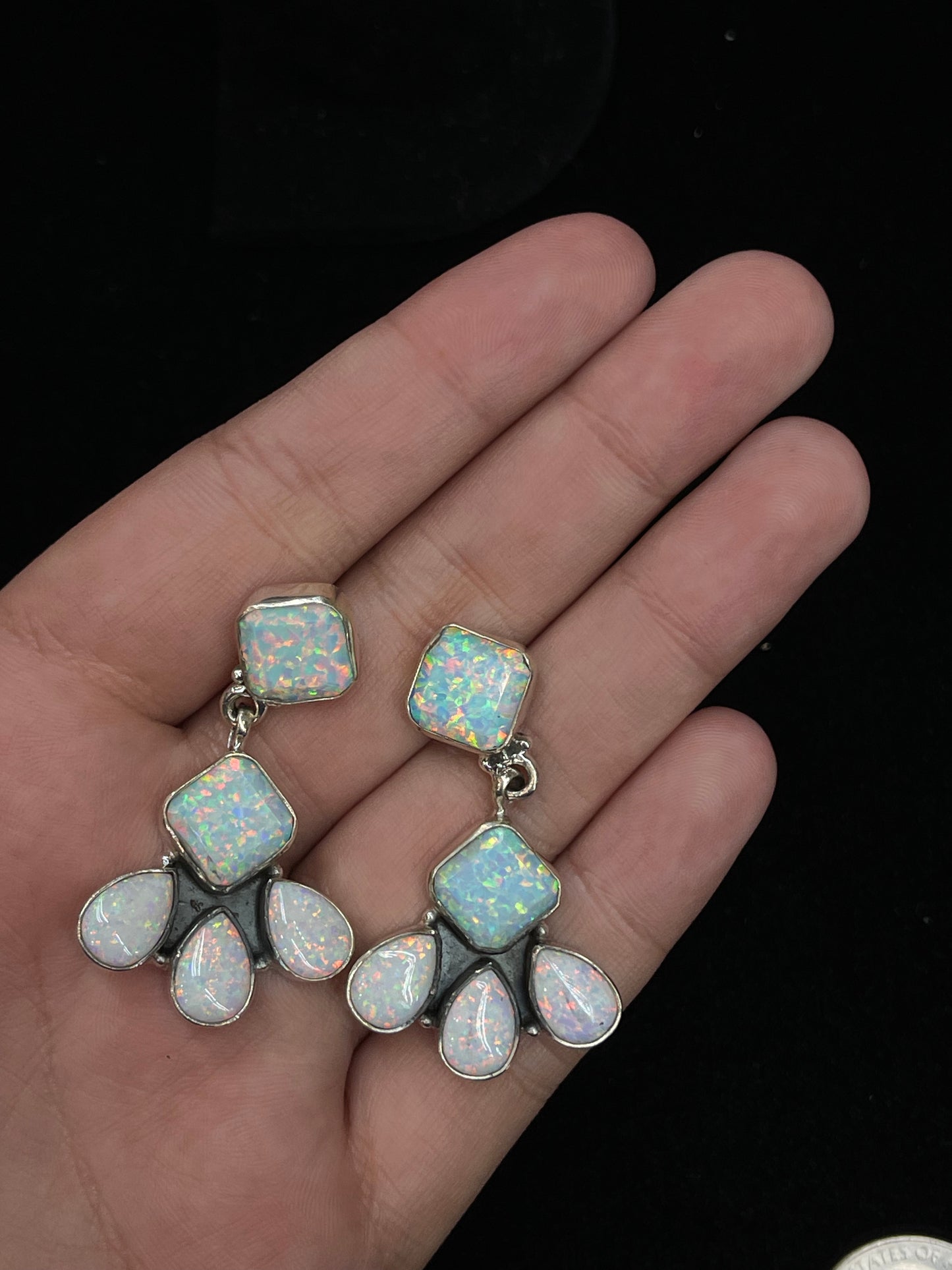 White Opal Post Dangle Earrings