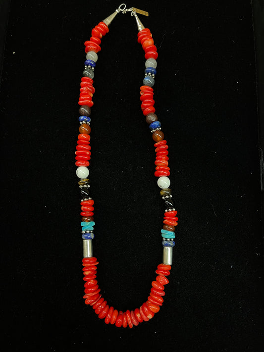 20" Coral Necklace with Multi Stones by T and R Singer, Navajo
