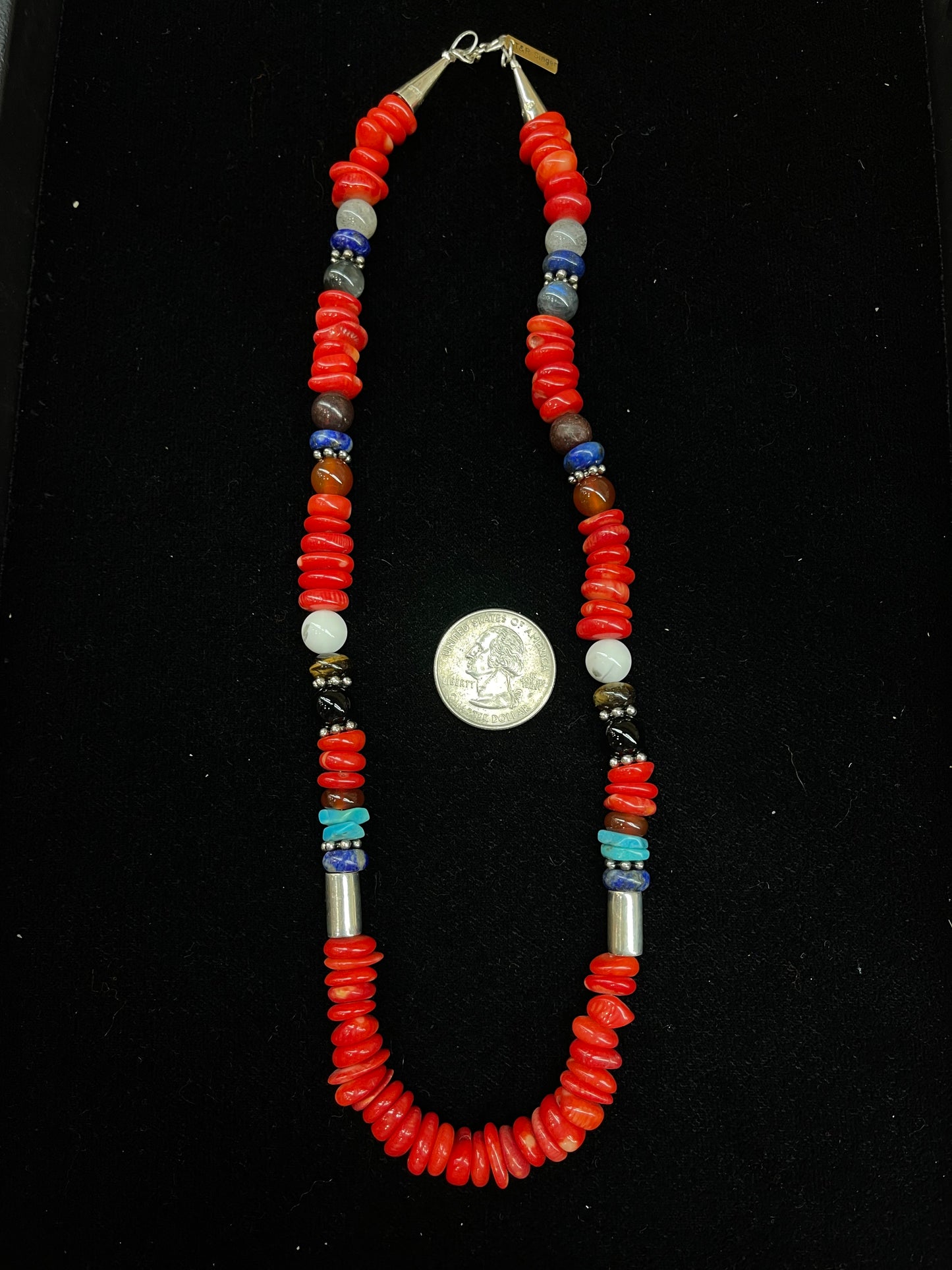 20" Coral Necklace with Multi Stones by T and R Singer, Navajo