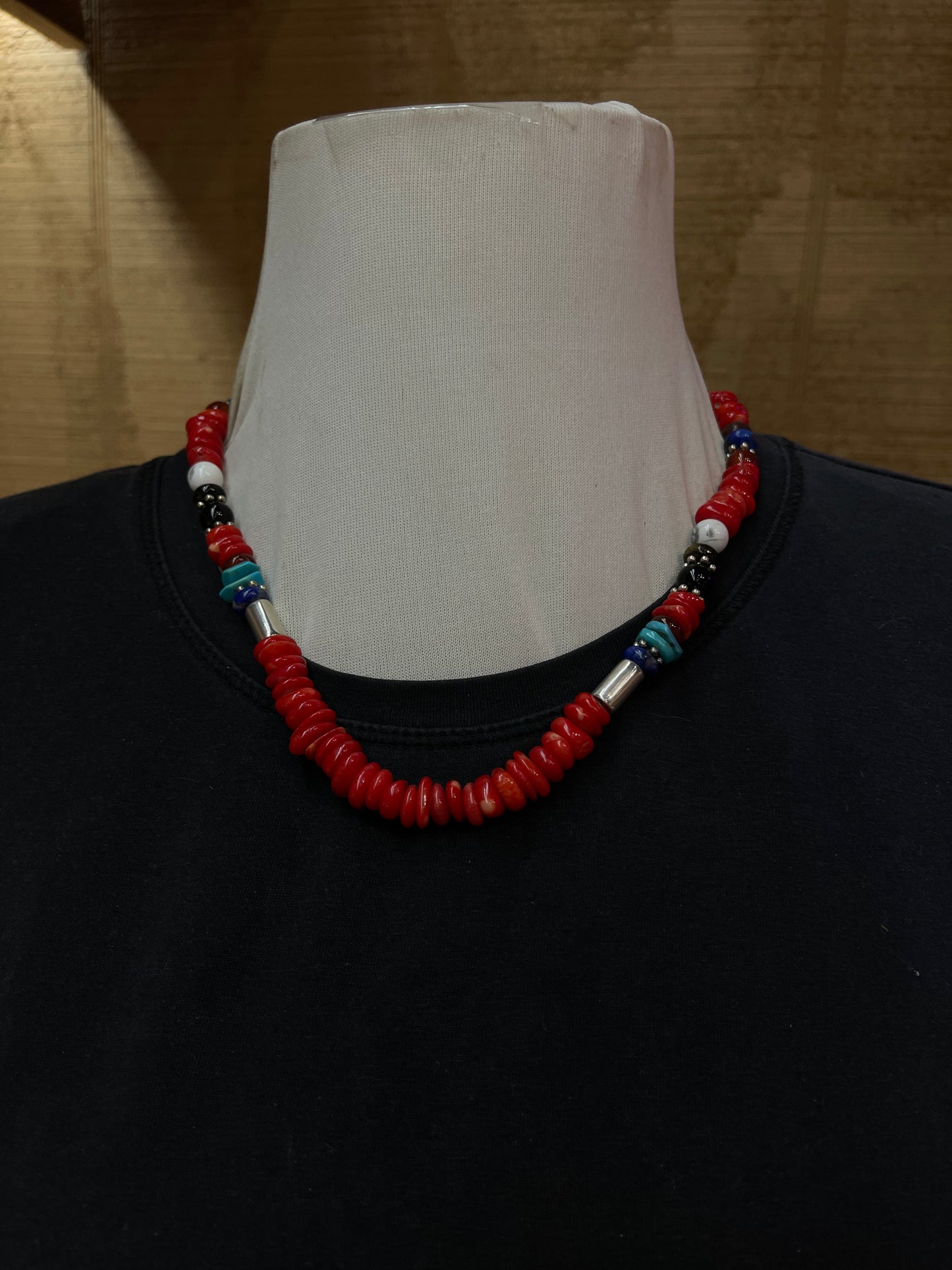 20" Coral Necklace with Multi Stones by T and R Singer, Navajo