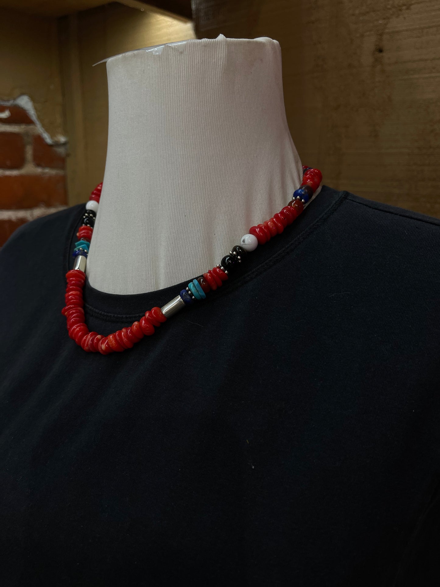 20" Coral Necklace with Multi Stones by T and R Singer, Navajo